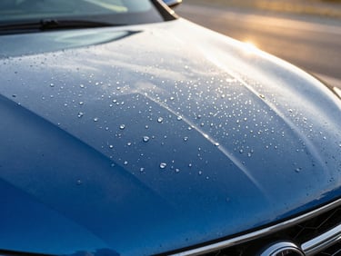 A close-up macro shot of water droplets cleanly beading on a freshly waxed, deep blue metallic car hood, bright sunlight reflecting off the surface