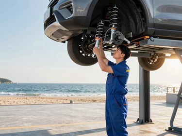 A clean modern service bay with a vehicle raised on a lift, a professional mechanic focused on adjusting suspension components under high-key white studio lighting