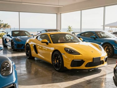 An immaculate modern automotive showroom with polished concrete floors and a curated selection of high-end luxury imports, bright natural light