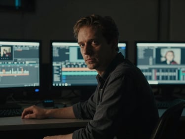 Moody cinematic portrait of a director in a dark Berlin editing suite, glowing monitors reflecting on face, low-key lighting