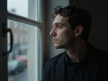 Moody atmospheric portrait of a filmmaker looking out of a window in Dublin, overcast light, high contrast, cinematic film grain