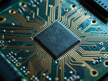 Extreme close-up overhead of a circuit board with gold trace lines and dark substrate, cold cyan-tinted studio light, sharp macro, no text