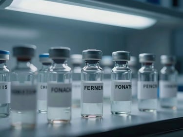 Close-up of pharmaceutical sample vials in a dark lab, cold overhead beam highlighting glass surfaces, blue-tinted ambient fill, precise clinical framing