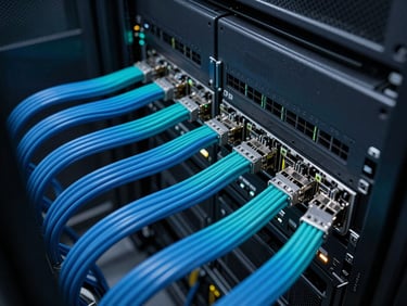 Wide macro of network topology cabling in a dark data center, electric blue and cyan trace lighting along cable routes, overhead perspective, no text