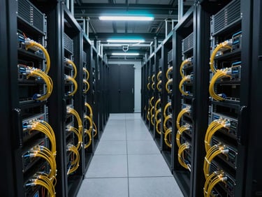 Wide overhead view of a dark server room with parallel rows of rack-mounted hardware, cold cyan overhead lighting casting sharp shadows, fiber optic cable bundles glowing at connection points, deep perspective depth, no human presence