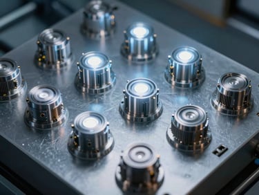 Overhead close-up of industrial sensor array on a dark metal surface, cool blue-white overhead spotlights, reflective metallic finish, no text or labels