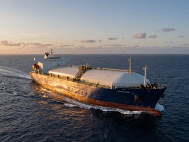 Ultra-wide panoramic aerial shot of a massive LNG carrier vessel navigating deep blue ocean waters during dramatic low-sun golden hour, metallic hull reflecting warm light, expansive sky, low horizon.