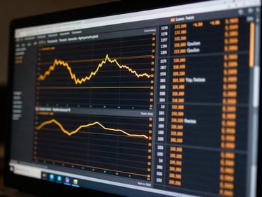 Macro crop of a dark financial terminal screen displaying structured cyber risk data tables and amber telemetry curves, low-key lighting