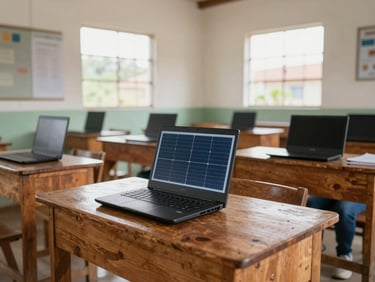 Interior of a bright rural classroom in Colombia, wooden desks, solar-powered laptops, soft window light, clean and organized.