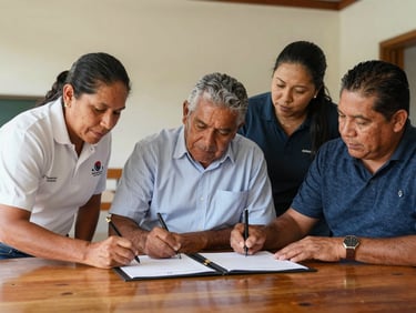 Professional documentary photograph of Colombian community leaders and institutional donors signing an agreement document on a wooden table, warm natural daylight, 35mm editorial style