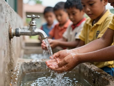 Close-up of clean water flowing from a tap in a rural Colombian school, children wash hands in the background, warm natural light.