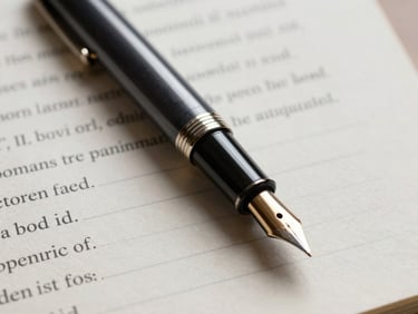 Close-up of a classic fountain pen resting on a structured legal brief, high-grade textured paper, soft diffused library light.