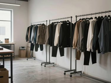 Wide quiet environmental view of the Millcreek workshop, clean minimalist layout, garments hanging on matte metal racks in the background, soft natural lighting.