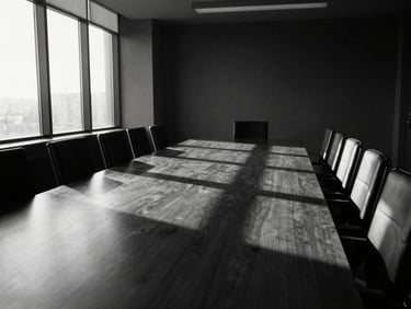 Monochrome wide shot of an empty, high-end board room with a long dark table reflecting sharp geometric window light, deep shadows