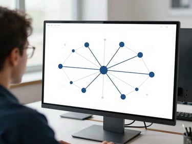 Over-the-shoulder view of a professional analyzing a network connection graph on a large high-resolution monitor, clean architectural studio lines, daylight