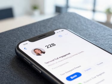 Macro close-up of a premium smartphone displaying a clean B2B social profile with high engagement metrics, bright natural office light, cool slate shadows