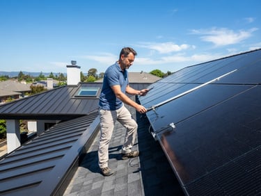 Owner on-site inspecting solar panels on a residential roof, bright direct sunlight, crisp architectural photography, blue sky, high-contrast shadows.