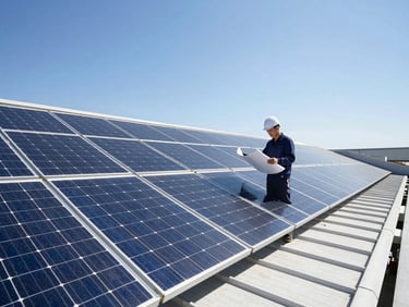Owner on-site, wearing a hard hat, inspecting solar panels on a roof, with a blueprint or tablet in hand, bright direct sunlight.