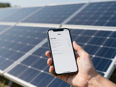 Close-up of a hand holding a smartphone displaying a utility bill, with a solar panel array visible in the blurred background, bright direct sunlight.