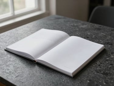Minimalist workspace with a clean editorial publication open on a dark stone table, soft natural window light.