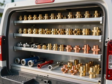 An organized, clean utility shelf inside a service truck, showing neatly arranged brass fittings, copper joints, and professional plumbing tools under bright daylight.