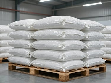 Industrial packaging facility showing double-walled moisture-barrier bulk bags of rice stacked on clean wooden pallets, bright clinical white lighting.