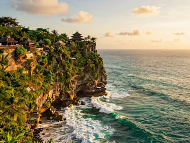 warm editorial photography, tropical golden-hour light, rich emerald and gold tones, wide-angle lens, professional travel style. Wide environmental shot of Uluwatu temple perched on a cliff edge at sunset, warm golden-hour light, deep emerald ocean waves crashing below.