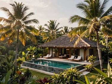A luxury private pool villa in Ubud, Bali, surrounded by lush tropical palm trees under soft morning sunlight, high-end editorial photography