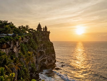 warm editorial photography, sunset lighting. Dramatic cliffside view of Uluwatu temple silhouette against golden sky, professional travel style.
