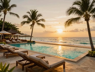 warm editorial photography, tropical golden-hour light, rich gold tones. High-end beach club in Seminyak, stylish sun loungers, emerald pool, sunset over the ocean.