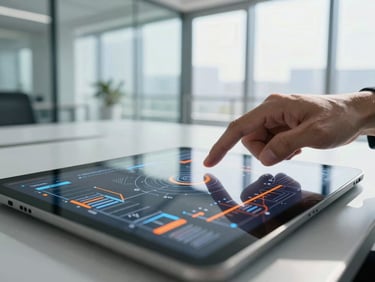 Close-up of hands interacting with a digital interface on a tablet, technical diagrams on a glass surface in a modern office, high-contrast cool tones, bright natural light.