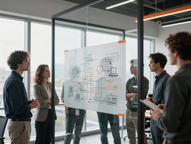 Collaborative team brainstorming in a modern, high-contrast office, glass whiteboard with technical diagrams, bright natural window light, sharp orange accents.
