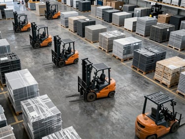 Overhead view of a warehouse filled with industrial materials, forklifts moving pallets, clean industrial lighting, high contrast