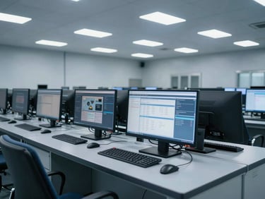 Technical security control room with clean monitor screens, sharp focus, cool-toned industrial indoor lighting