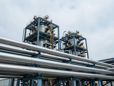 Modern industrial energy facility with steel pipes, cool overcast daylight, sharp focus, wide-angle lens