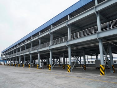 Wide-angle industrial photography of a modern high-tech warehouse interior in Serbia, cool overcast daylight, steel blue and gray tones, sharp focus.