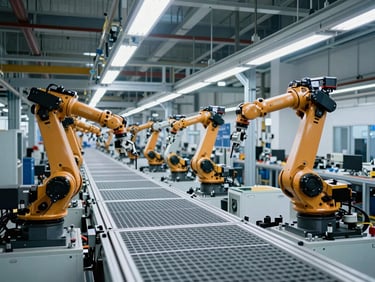 Automotive assembly line with robotic arms and structured logistics grids, cool industrial indoor lighting