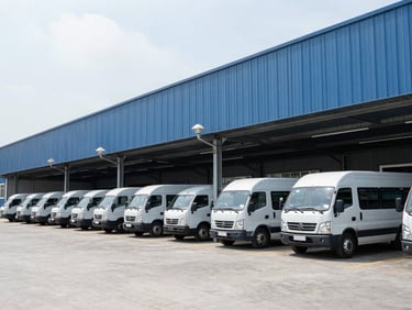 Modern shopping center loading bay with organized logistics vehicles, bright daylight, steel blue tones