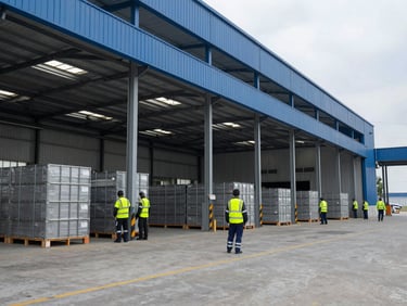 Industrial warehouse interior with organized high-visibility gear workers, wide environmental shot