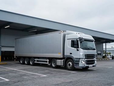 Large-scale relocation logistics truck inside a modern sports complex parking lot, cool overcast daylight