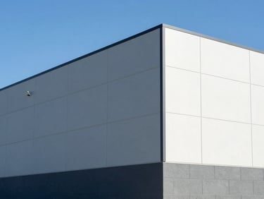 Crisp architectural photography of a modern commercial logistics park in Eastvale, bright natural daylight, cool blue and slate tones, sharp focus