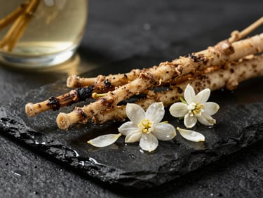 Raw charred vetiver roots and damp jasmine petals resting on dark wet stone, low-key dramatic studio lighting
