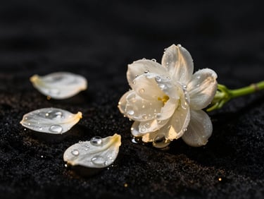 Night-blooming white jasmine petals glistening with water droplets against a black velvet background, golden light highlights