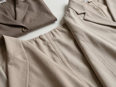 Editorial high-angle flat-lay of curated neutral-toned garments, close-up on precise double-stitching details, soft natural daylight, minimalist styling.