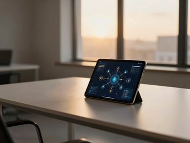 Minimalist high-end office desk, modern tablet displaying abstract secure data network diagrams, soft golden-hour window light, shallow depth of field, 35mm