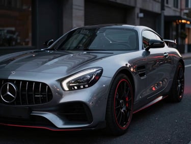 Mercedes-AMG GT parked in a moody twilight urban setting, sharp crimson highlights on polished body panels, close-up dynamic angle, 50mm lens