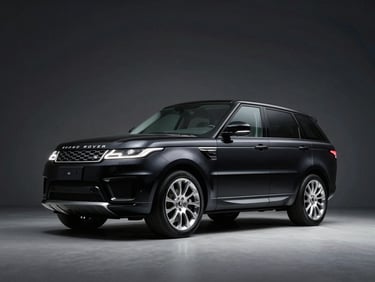 Range Rover Sport under dramatic studio spotlights, deep obsidian black finish, high-contrast reflections on alloy wheels, low-angle heroic shot, 50mm lens