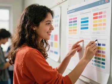 Candid portrait of a young female designer analyzing a bright interface mockup, natural daylight, expressive smile, 35mm film aesthetic.