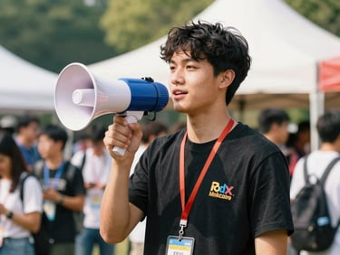 Candid portrait of a young male community manager holding a megaphone at an outdoor campus festival, high-contrast vibrant lighting.