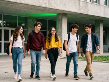 Vibrant editorial photography of Turkish university students laughing and walking together on a modern concrete campus, high contrast, neon green lighting accents, 35mm film aesthetic.